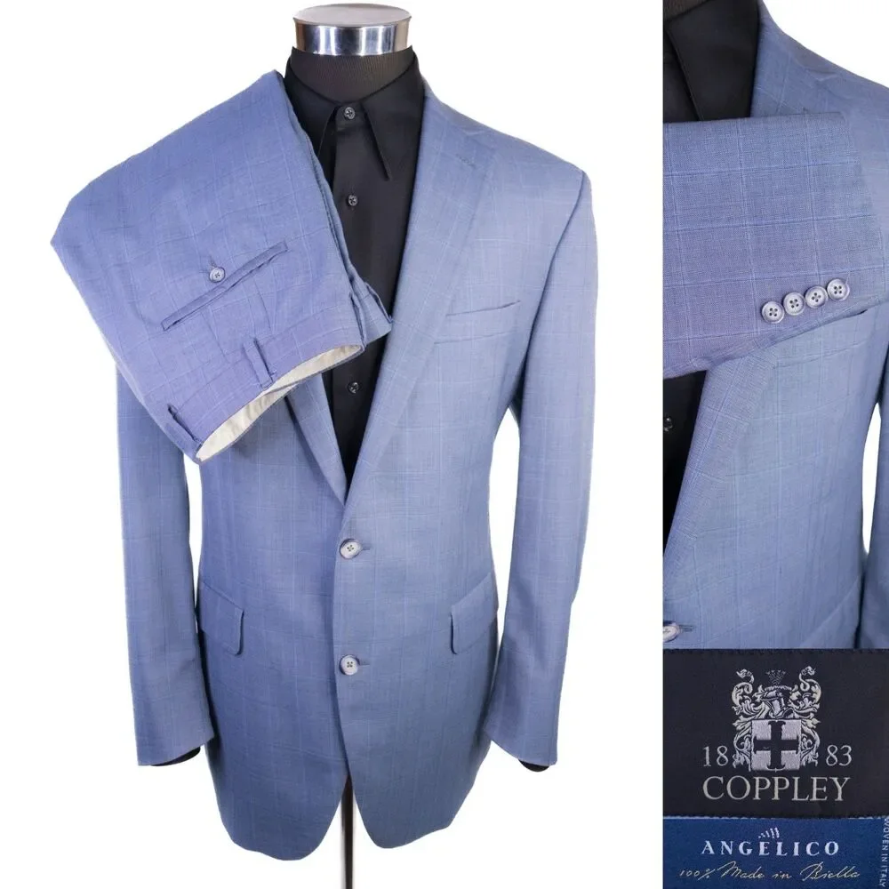 Coppley 2-Pcs Windowpane Blue Suit 100's Wool Blazer Jacket Sz 44T Pants 38X31.5